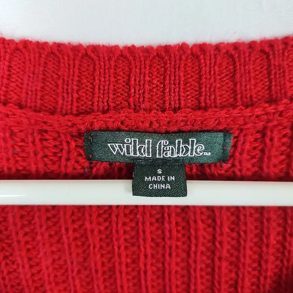 Wild Fable Women Sz S Red Waffle Knit Pullover Cropped Sweater LongSleeve V-neck